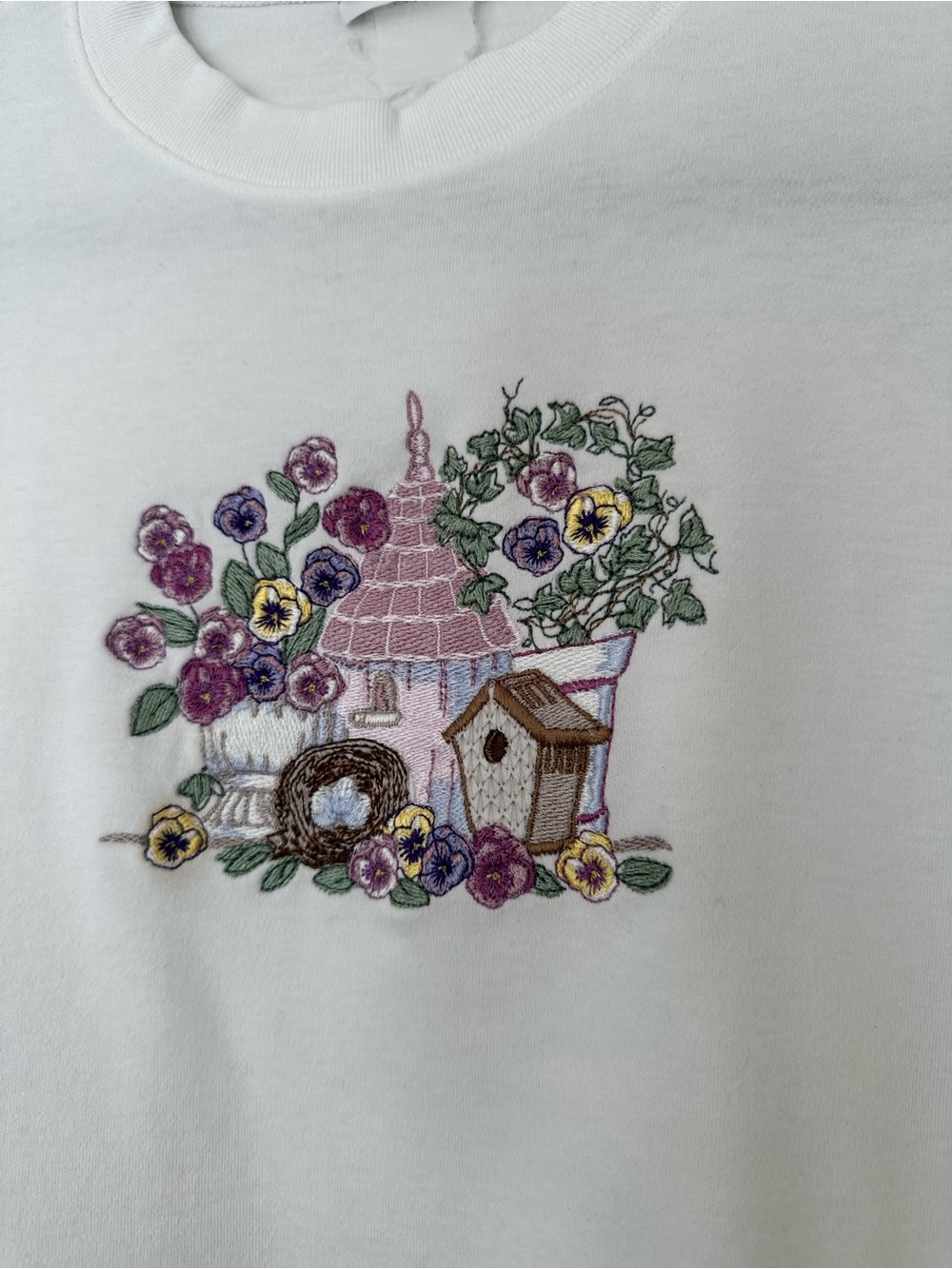 Vintage Embroidered Cottagecore Floral & Birdhouse Tee